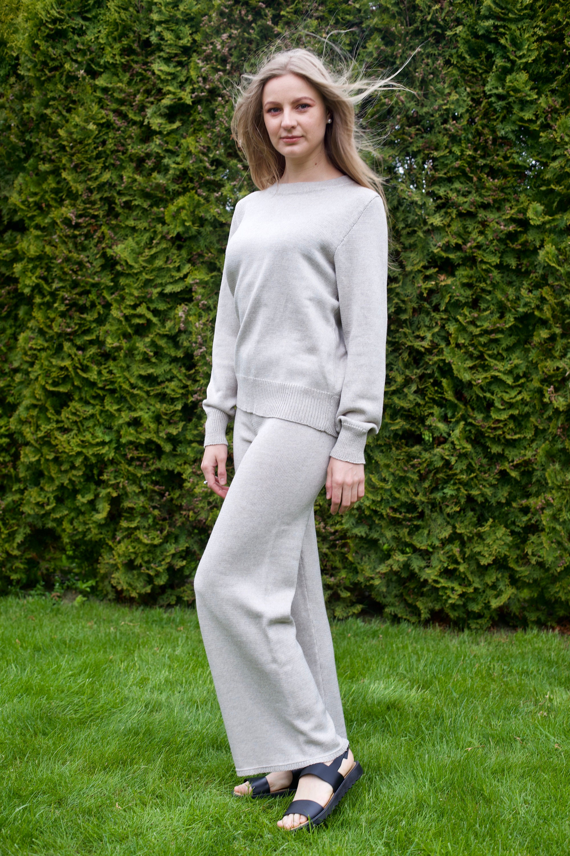 LILLUSORY Set 2 Pezzi In Maglia Per Donna: Maglione Girocollo Con Tasca E Pantaloni A Vita Alta Elastici, Tuta Comoda E Chic