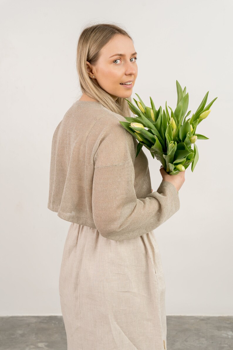 Topover en lin écologique minimaliste, Pull femme tricoté, pull crop top tricoté à la main en lin naturel, pull en tricot beige vintage image 5