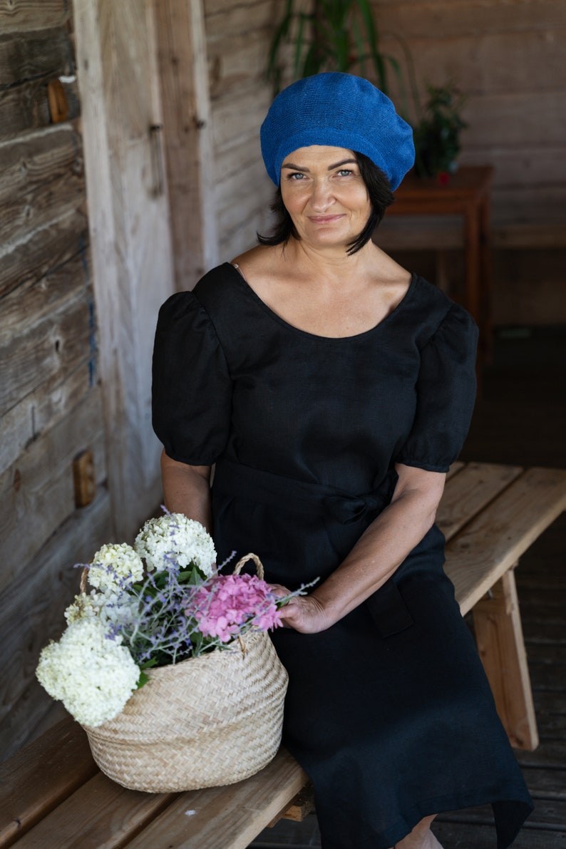 Sommer Französisches Leinen Barett, Tam Slouchy Hut für Frauen, Gestricktes Kopf Accessoire, Béret en lin Blue