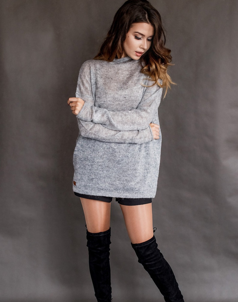 Loose knit sweater Mohair oversized pullover Gray mohair long sweater for women image 1