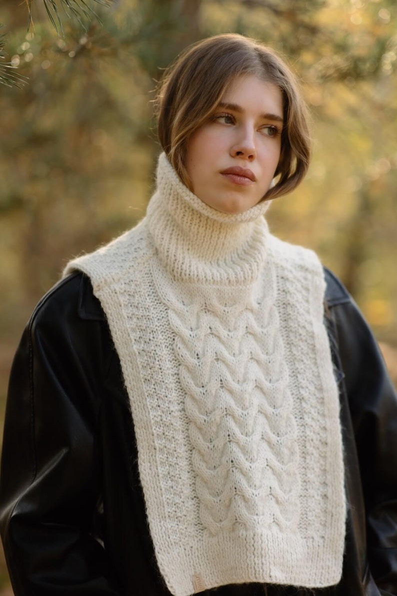 Merino wool collar, Hybrid bib collar vest, Women knitted collar, Warm alpaca wool bib scarf, Open side merino vest, Vintage accessories image 10