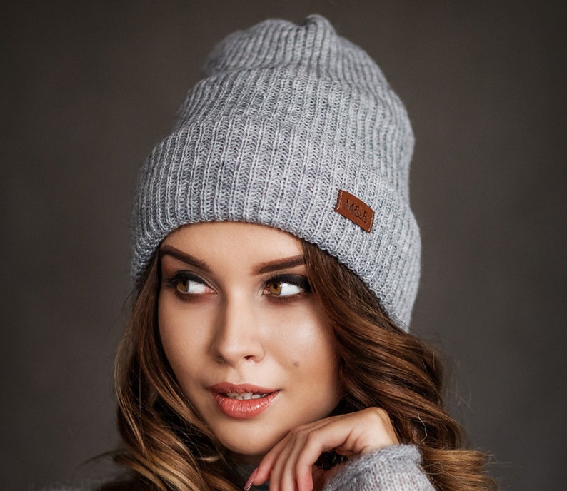 Grey knitted hat Merino wool slouch hat Beanie with cotton lining Winter chunky knit hat for women image 6