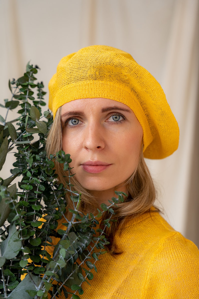 Zomer Franse linnen baret, Tam Slouchy hoed voor dames, gebreide hoofdaccessoire, baret en lin Yellow