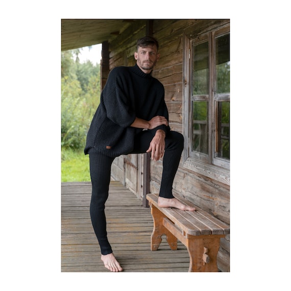 Men's Leggings, Knitted Natural Merino Wool Leggings, Men's Yoga