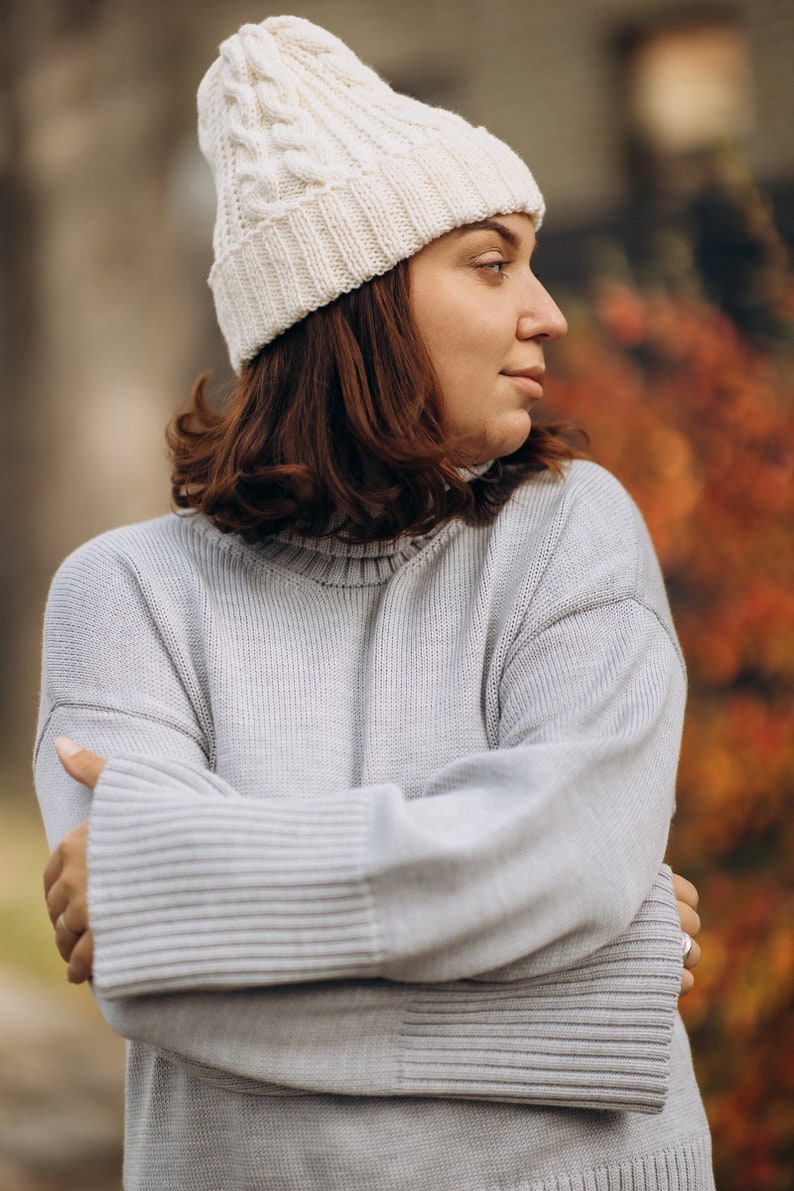 All season accessories, Cosy winter knitted merino wool beanie, Pure woolen women all season accessories, Merino wool knit woman boho hat off white