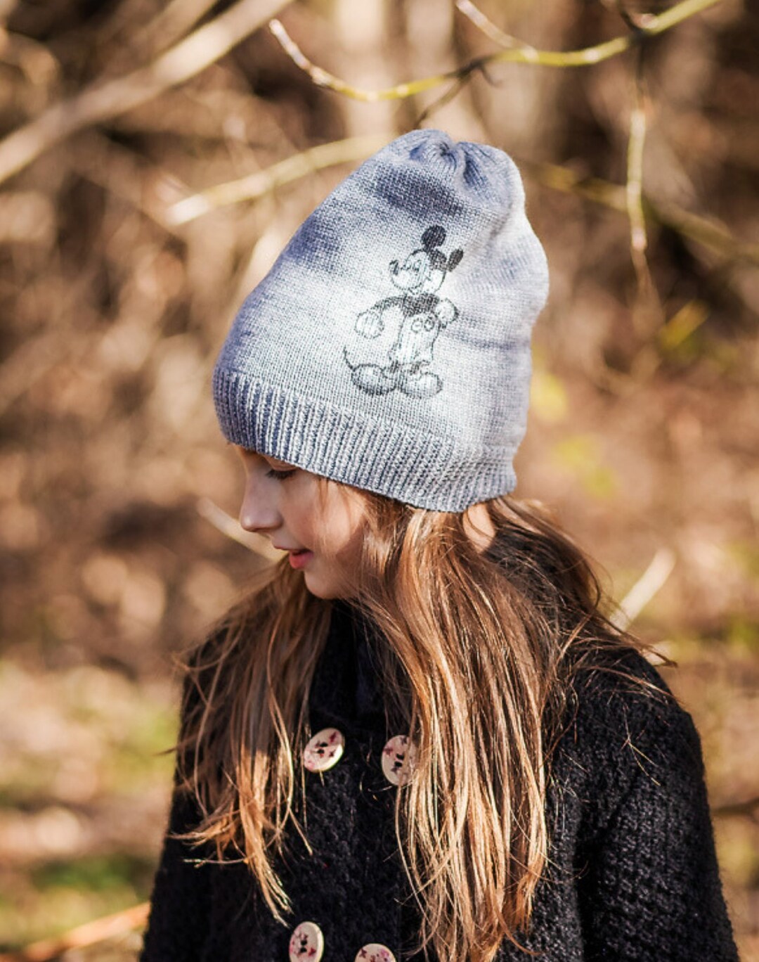 Merino Wool Knitted Hat With Hand Painted Mickey Mouse, Kids