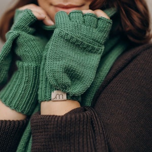 Fingerless hand knitted merino mittens, Unisex warm woolen fingerless gloves, Fair trade knit merino mittens, Womens flip top gloves image 2