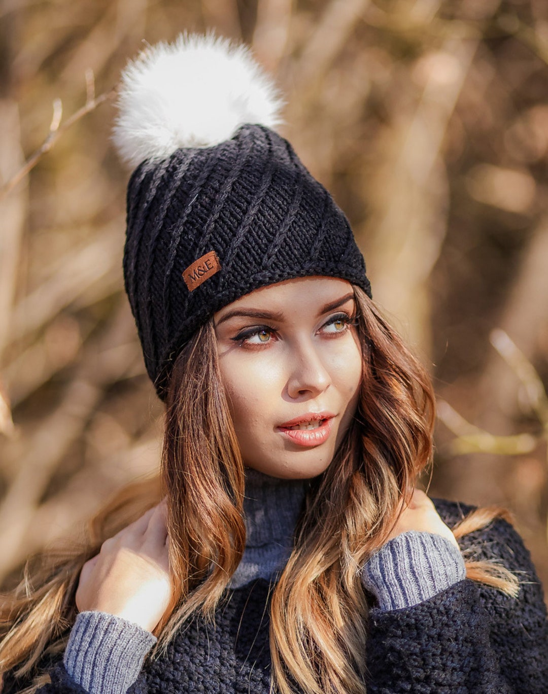 Real Fur Pom Pom Hat Merino Wool Beanie Cable Knit Hat Knitted Hats for