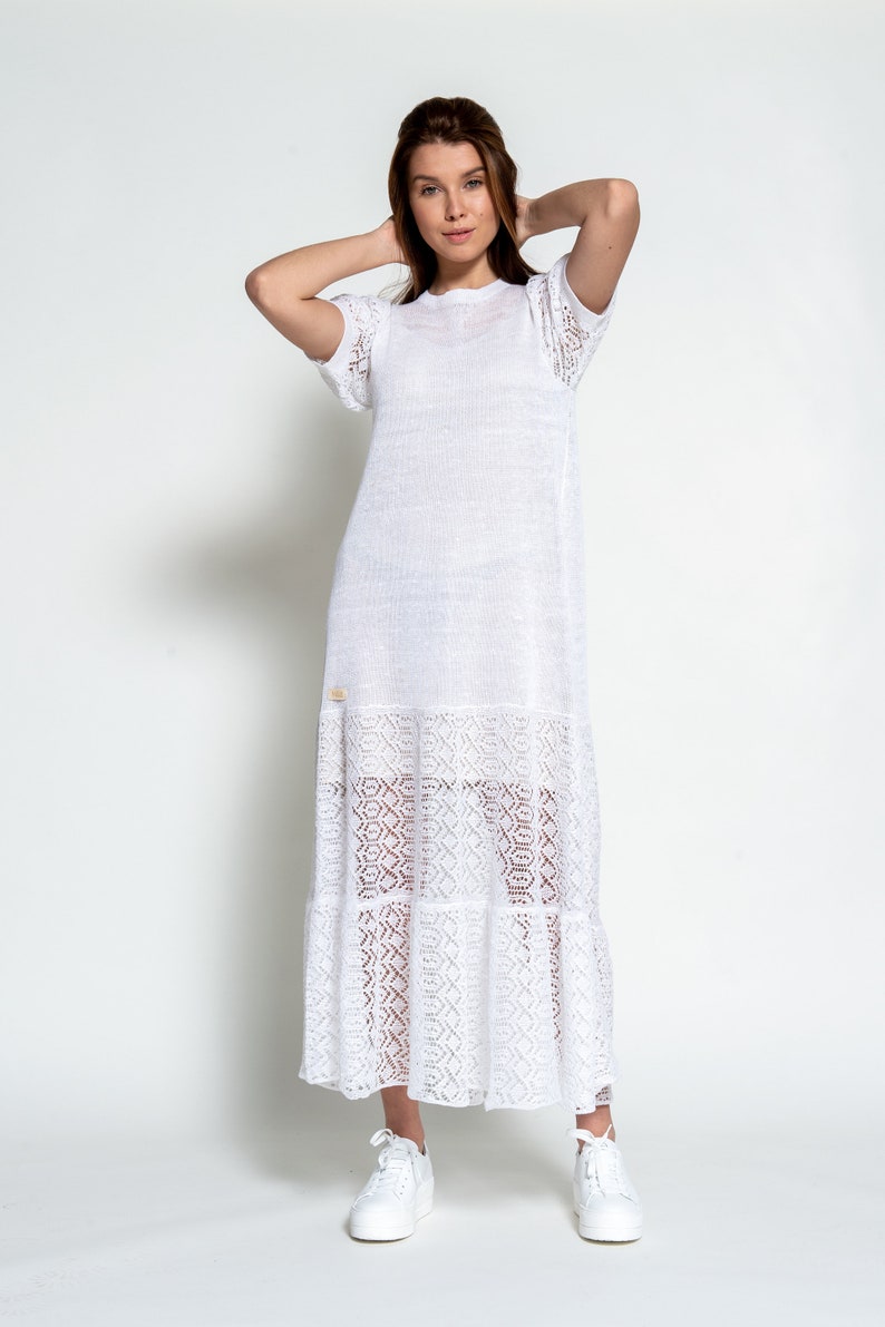 White Wedding Dress, Linen Knitted Lighweight Elegant Long Womens Dress, White Linen Summer Dress, See Through Dress White