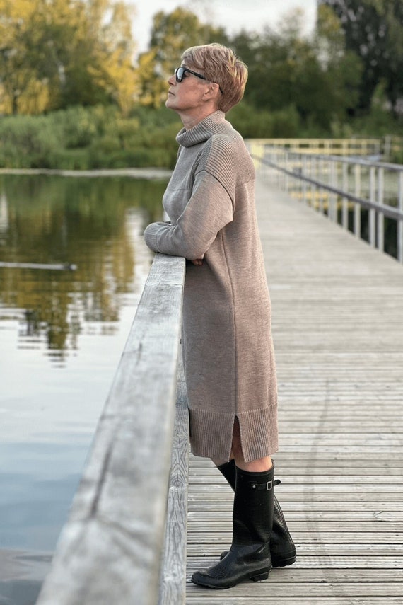 Light Merino Wool Dress Women, Natural Wool Tunic Dress, Knitted Relaxed  Fit Warm Merino Dress, Brown Woolen Pullover Knit Dress for Women