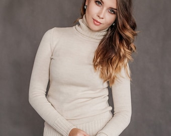 Merino wool top, High neck pullover, Knitted sweater, Womens mock neck sweater, Wool knit turtleneck sweater, Beige sweater for women