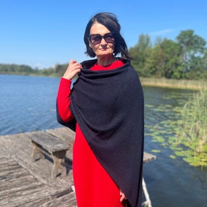 Wife mother sister nanny gift, Warm cosy knitted woolen poncho shawl, Dark blue natural wool cape, Loose fit minimalist winter big shawl