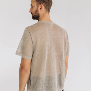 Knitted men linen top. See through men's linen tshirt in boho style. Eco linen clothing for men.