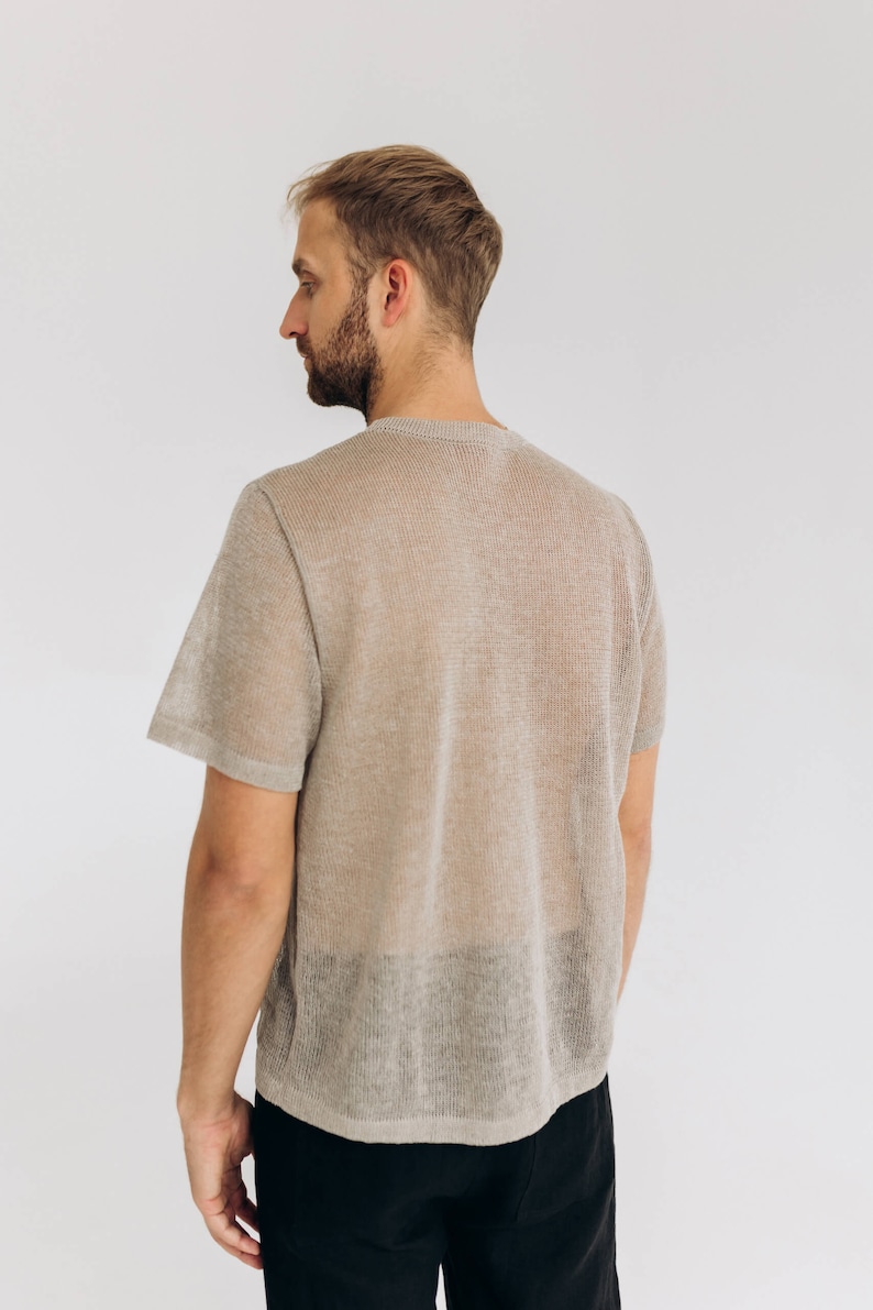 Knitted men linen top. See through men's linen tshirt in boho style. Eco linen clothing for men.