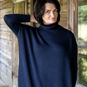 Loose Fit Merino Wool Tunica, Lightweight Soft Hand Knitted Long Dress for Women, Soft Wool Maxi Blue Winter Dress image 6