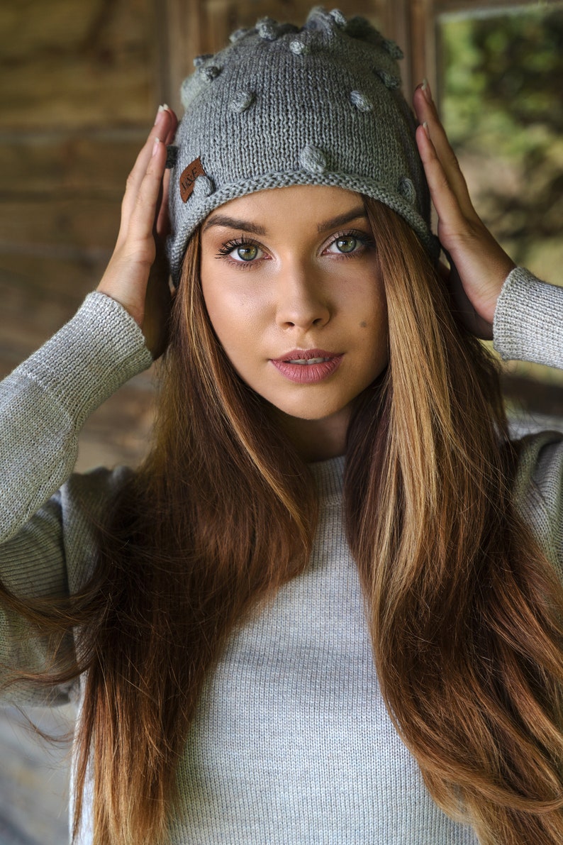 100% Pure Alpaca Wool Cap, Hand Knitted Woolen Cap in Gray, Knit Hat for Women, Gift for Mother image 3