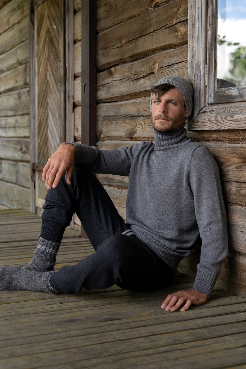 Suéter de cuello alto para hombre, Jersey de lana tejido a mano para hombre, Suéter submarino, Prendas de punto de lana merino para hombre imagen 5