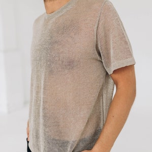 Knitted men linen top. See through men's linen tshirt in boho style. Eco linen clothing for men.