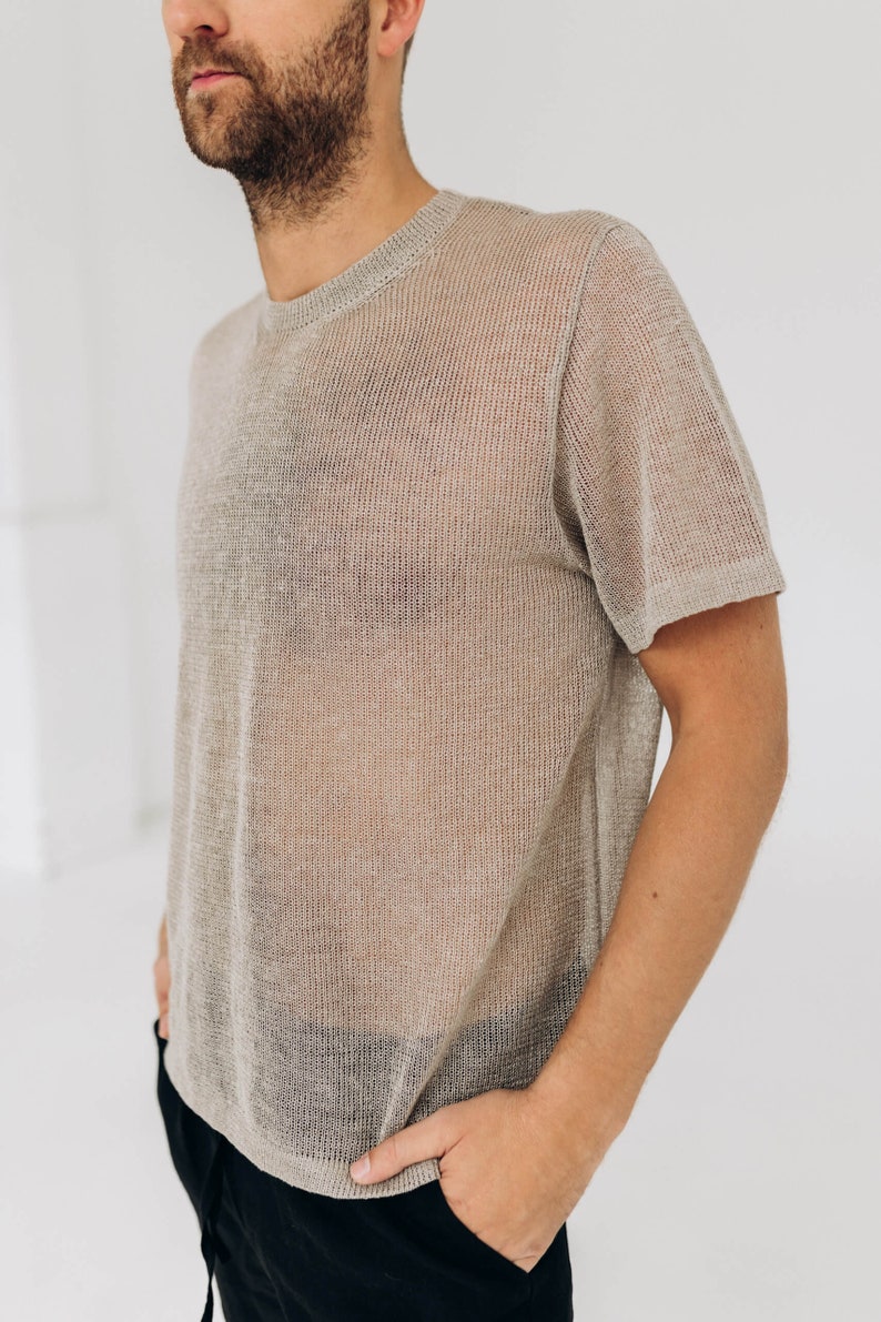 Knitted men linen top. See through men's linen tshirt in boho style. Eco linen clothing for men.