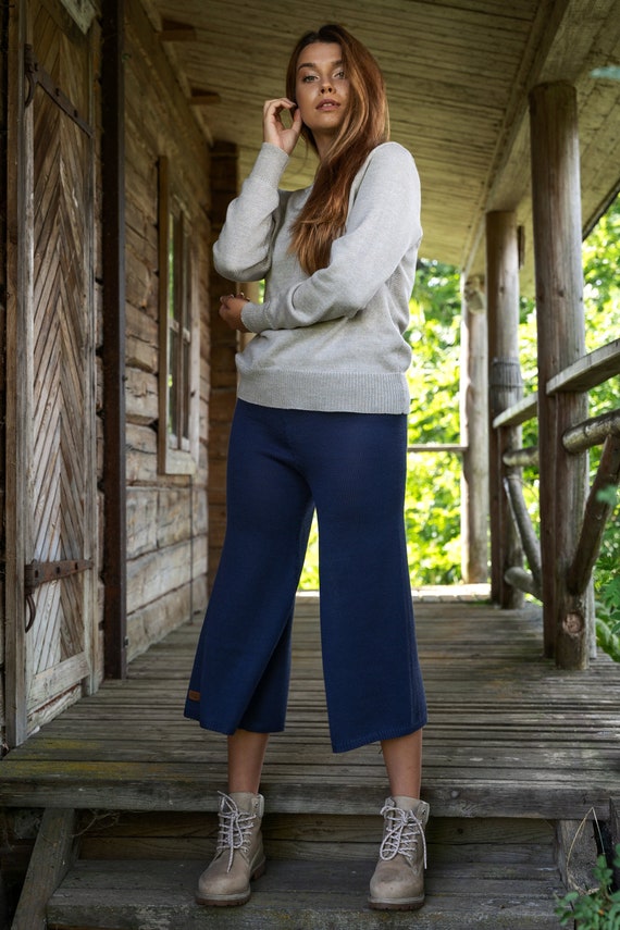 Knitted Merino Wool Womens Culottes, Lightweight Woolen Pants