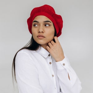 Linen crochet hat beret, Summer berets for women, baskenmütze leinen, French beret for women, Knitted berets Red