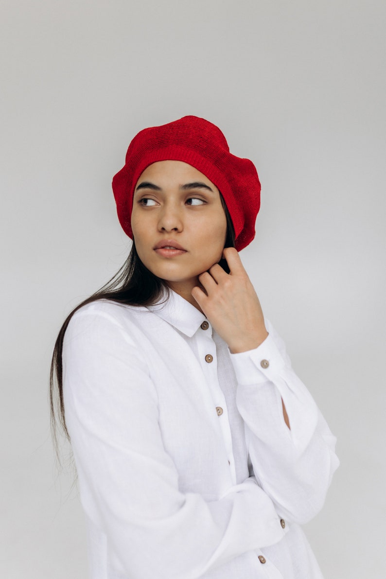 Linen crochet hat beret, Summer berets for women, baskenmütze leinen, French beret for women, Knitted berets Red