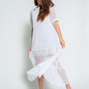 Hand knitted linen dress, White crochet summer dress, Long see through linen dress, Lightweight wedding dress, Boho crochet dress image 7