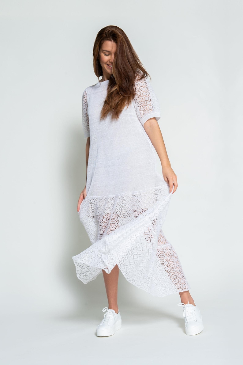 Hand knitted linen dress, White crochet summer dress, Long see through linen dress, Lightweight wedding dress, Boho crochet dress image 7