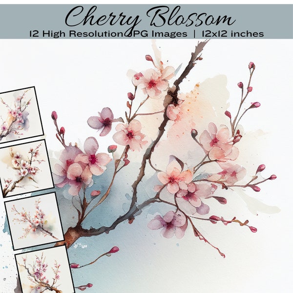 Spring Cherry Blossom Painting, Japanese Cherry Blossom Print, Pink Blossom Watercolour Clipart, Scrapbooking, Background, Wall Art, Journal