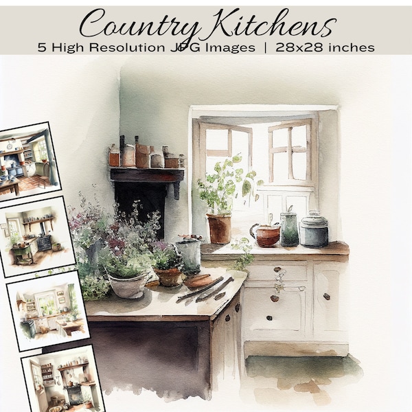 Country Kitchen Set of 5 Prints, Farmhouse Kitchen Clipart, Kitchen Painting, Kitchen Decor, Clipart for Collage, Junk Journal, Scrapbook