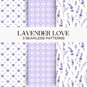 Pacchetto di carta digitale floreale lavanda, motivi a quadri a cuore senza soluzione di continuità (download digitale)