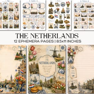Op de afbeelding: Een set van 12 ephemera-pagina's van 21,6x27,9 cm met Nederlandse ontwerpen. De set bevat labels, etiketten, tickets en briefpapierbladen versierd met windmolens, tulpen, fietsen en grachtenpanden in blauw en wit.
