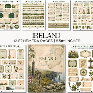 May include: A collection of 12 Ireland-themed ephemera pages, 8.5x11 inches, featuring labels, tickets, washi strips, and word strips. The designs include shamrocks, landscapes, and text such as "Ireland" and "Land of Legends and Timeless Beauty."
