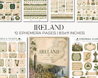 Ireland Junk Journal Pages Printable Irish Ephemera with Shamrock Tags and Celtic Travel Labels