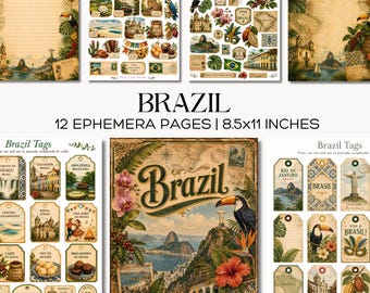 Brazil Travel Journal Kit Vintage Tropical Ephemera with Rio Tags Tickets Coffee and Carnival Papers