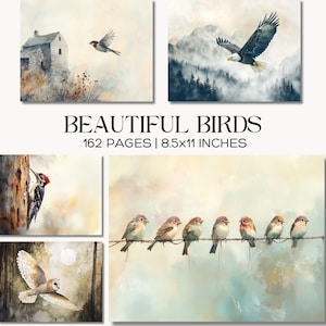 May include: A collection of watercolor art prints featuring birds in various settings. The prints include an eagle soaring over mountains, a woodpecker on a tree, and a group of birds perched on a wire. The text "BEAUTIFUL BIRDS" is displayed, along with "162 PAGES | 8.5x11 INCHES".