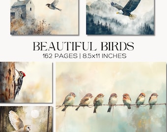 Beautiful Birds Watercolor Junk Journal Pages, Vintage Bird Ephemera, Digital Scrapbook Kit