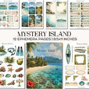 May include: A collection of 12 ephemera pages titled Mystery Island, measuring 8.5x11 inches. The pages feature tropical island illustrations, including palm trees, coral reefs, snorkeling gear, boats, fish, and various decorative labels and frames.