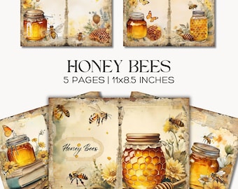 Honigbienen Vintage Junk Journal Seiten, Printable Ephemera Kit, Bienenwabe, Bauernhaus Sammelalbum