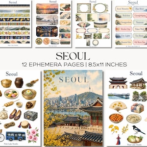 Peut inclure: Un ensemble de 12 pages d'éphémères de 8,5x11 pouces présentant des illustrations sur le thème de Séoul. Le lot comprend divers autocollants et découpes représentant l'architecture coréenne, des paysages urbains, de la nourriture traditionnelle, des feuilles de ginkgo et des icônes culturelles.