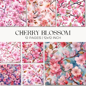 May include: A collection of 12 pages of cherry blossom-themed digital paper, each 12x12 inches. The designs feature watercolor illustrations of pink cherry blossoms on branches, with some backgrounds in shades of blue and white.