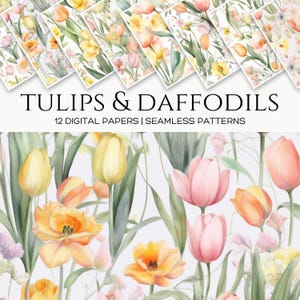 Conjunto de padrões sem emendas de buquê de primavera – Papel digital de tulipas e narcisos – Fundos florais em aquarela para artesanato, tecido para scrapbooking