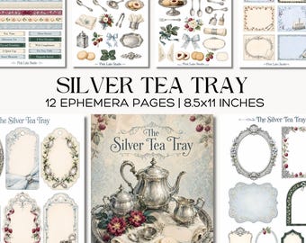 Grandmillennial Tea Junk Journal Kit Printable Silver Tea Tray Ephemera Vintage Floral Scrapbook Pages