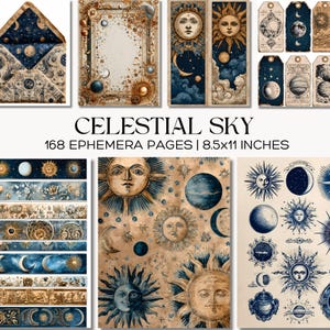 May include: A selection of celestial-themed ephemera pages, including envelopes, tags, and decorative papers. The designs feature suns, moons, stars, and planets in blue, gold, and beige. The text "CELESTIAL SKY" and "168 EPHEMERA PAGES | 8.5x11 INCHES" are visible.