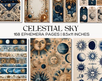 Celestial Moon & Sun Ephemera Kit, Astrology Junk Journal Papers, Tags, Washi Tape, Collage Sheets