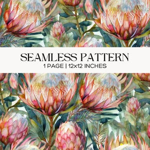 Pink Protea Seamless Pattern, Watercolor King Protea Digital Paper, Tropical South African Floral Background for Fabric and Scrapbooking