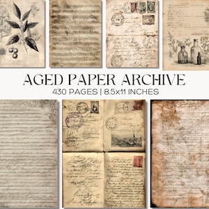 Può includere: Archivio di carta invecchiata con vari design vintage. L'immagine mostra pagine con illustrazioni botaniche, note musicali, lettere manoscritte e francobolli. Il testo recita "AGED PAPER ARCHIVE 430 PAGES | 8.5x11 INCHES".