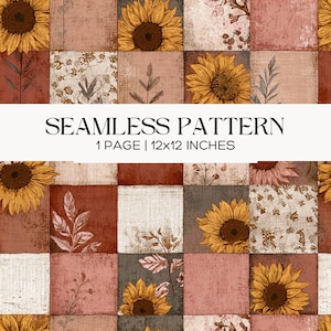 Wzór patchworkowy słonecznika, bezszwowy, rustykalny styl wiejski, album ze zdjęciami, papierowe ozdoby, dziennik śmieci