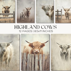 May include: A collection of eight art prints featuring Highland cows in various poses. The prints showcase the cows in a field, some behind a wooden fence. The text "HIGHLAND COWS" and "12 PAGES | 8.5x11 INCHES" is displayed.