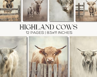 Highland Cow Printable Paper Pack, Rustic Farmhouse Art, Highland Cattle Junk Journal Page